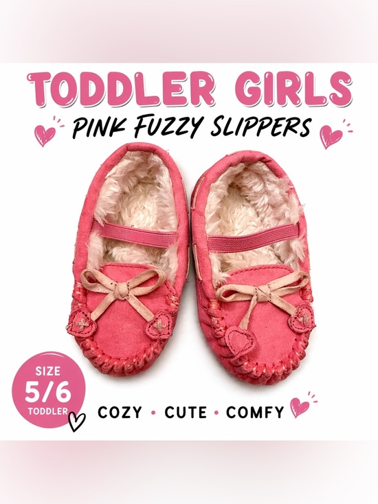 Other - Toddler Girls Pink Fuzzy Slippers Size 5/6 Bow Moccasin Cozy Cute Ballet Style